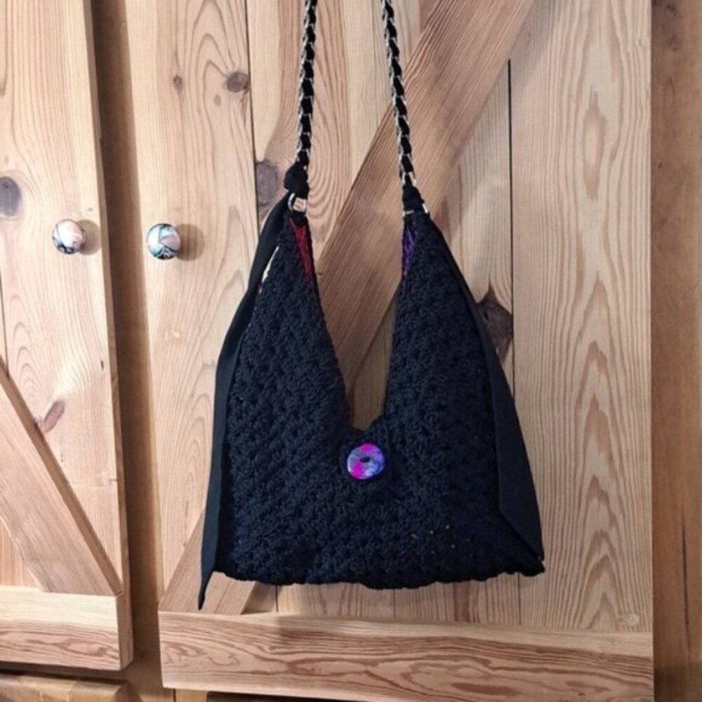 Hand Crafted Crochet Granny Square Three Triangle Cotton Bag Purse Tote - Picture 3 of 15